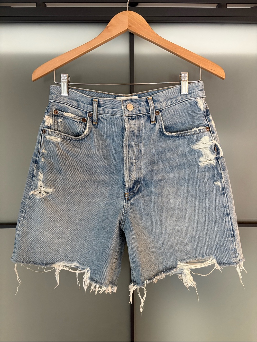 Agolde Stella Light Blue Distressed High-Rise Denim Shorts